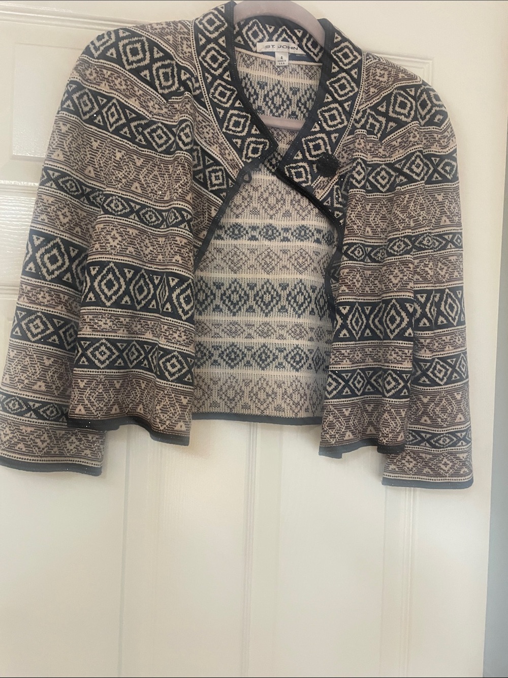 St. John Black & Cream Geometric Knit Cardigan Jacket